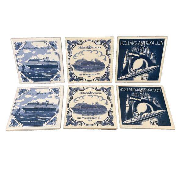 Vintage Holland America Line Ship Blue White Tile Coasters Collection Lot of 6 - Picture 1 of 6